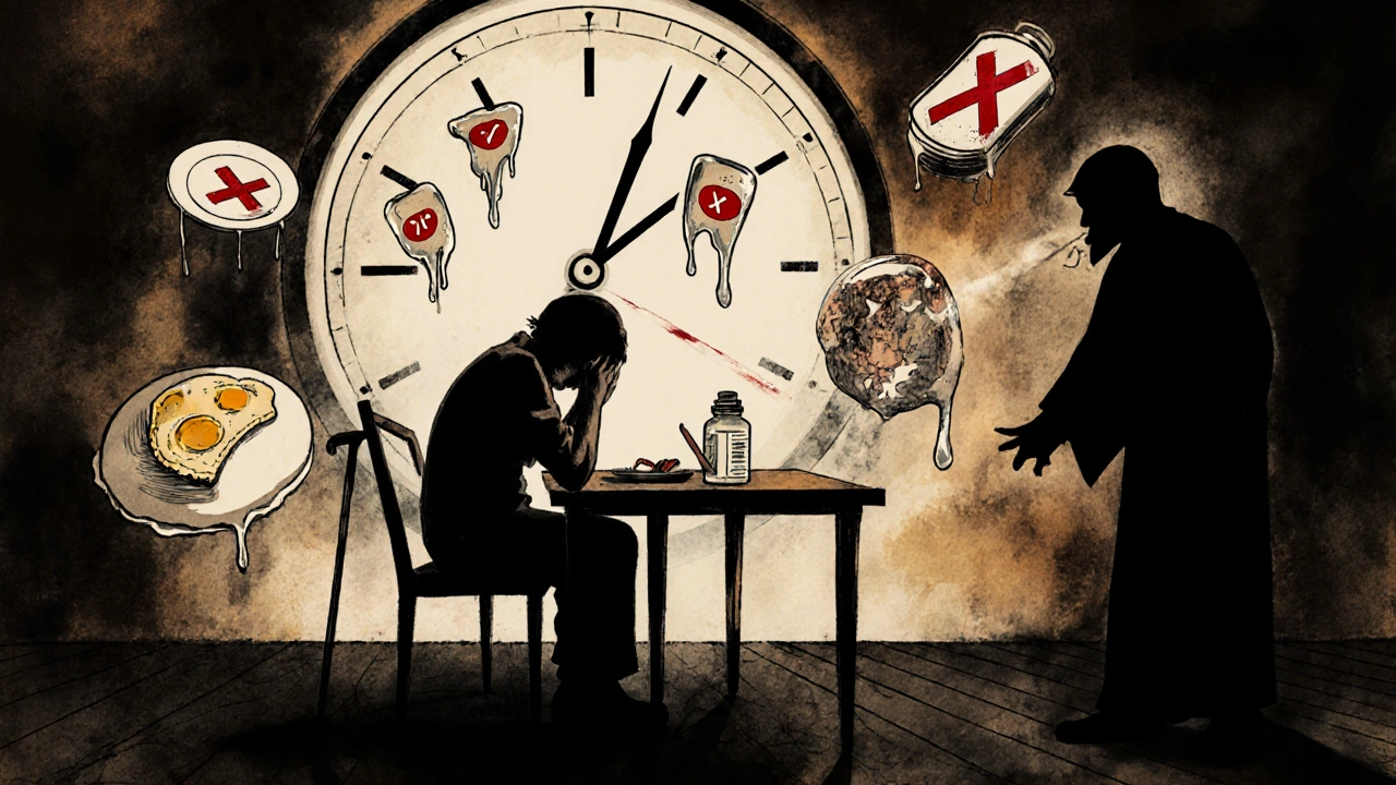 A survivor at a kitchen table surrounded by ghostly reminders of lost memory, time, and health.