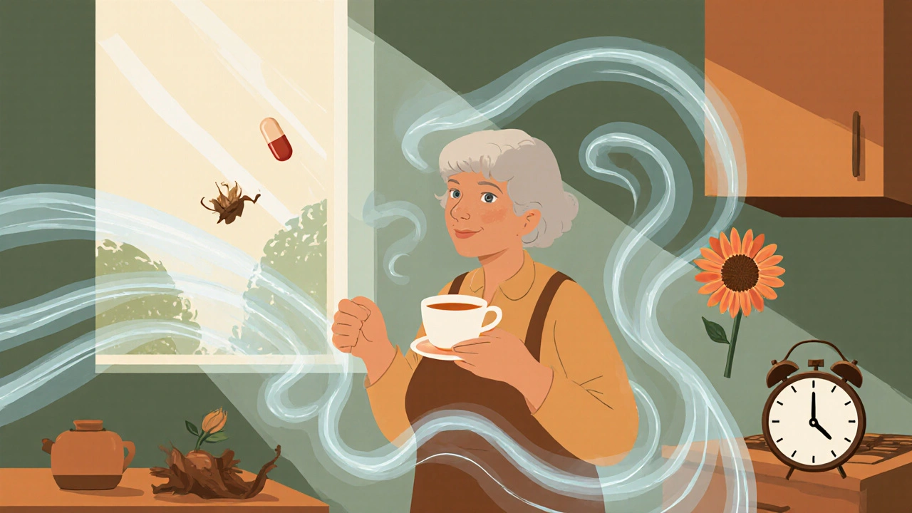 An older woman in a kitchen, calm energy radiating around her as symbols of healing float nearby.