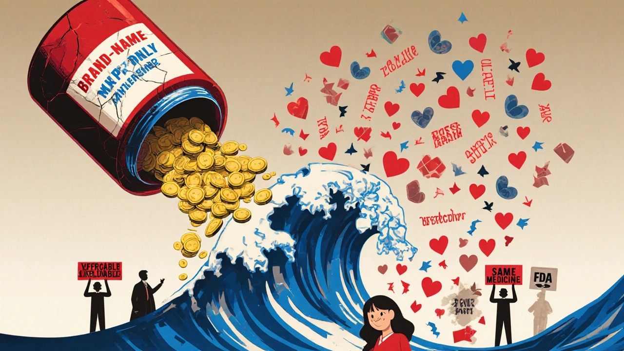 Cracked brand-name bottle spilling money while generic bottle releases hearts and approval symbols