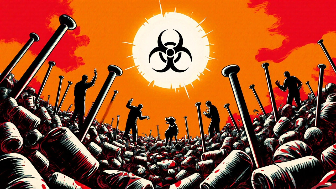 Giant needles piercing through trash bottles in a landfill, with workers and a dog recoiling in fear.