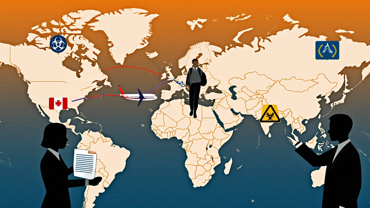 Global map showing international travel rules for injectables with traveler confidently navigating customs symbols.