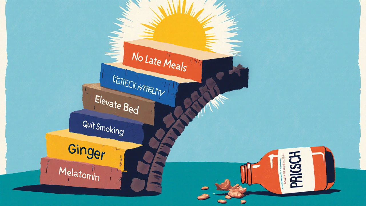 Human spine as a staircase of lifestyle changes leading to peace, with broken Prilosec bottle below.