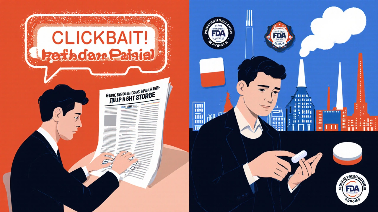 Journalist writing sensational headline on one side, handing generic pill with FDA symbols on the other