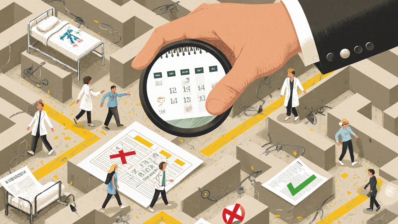 Magnifying glass over a calendar maze showing fragmented care vs. coordinated recovery