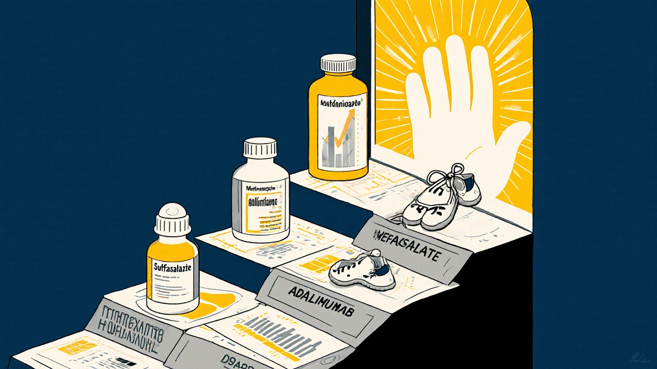 Medication bottles as stepping stones leading to a sunlit hand and tied shoes in bold graphic style.