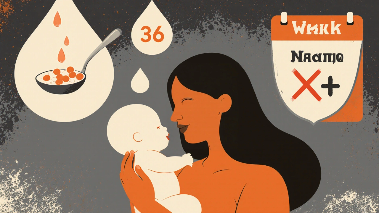 Mother breastfeeding with floating medical symbols, including a calendar marked to avoid nitrofurantoin after 36 weeks.