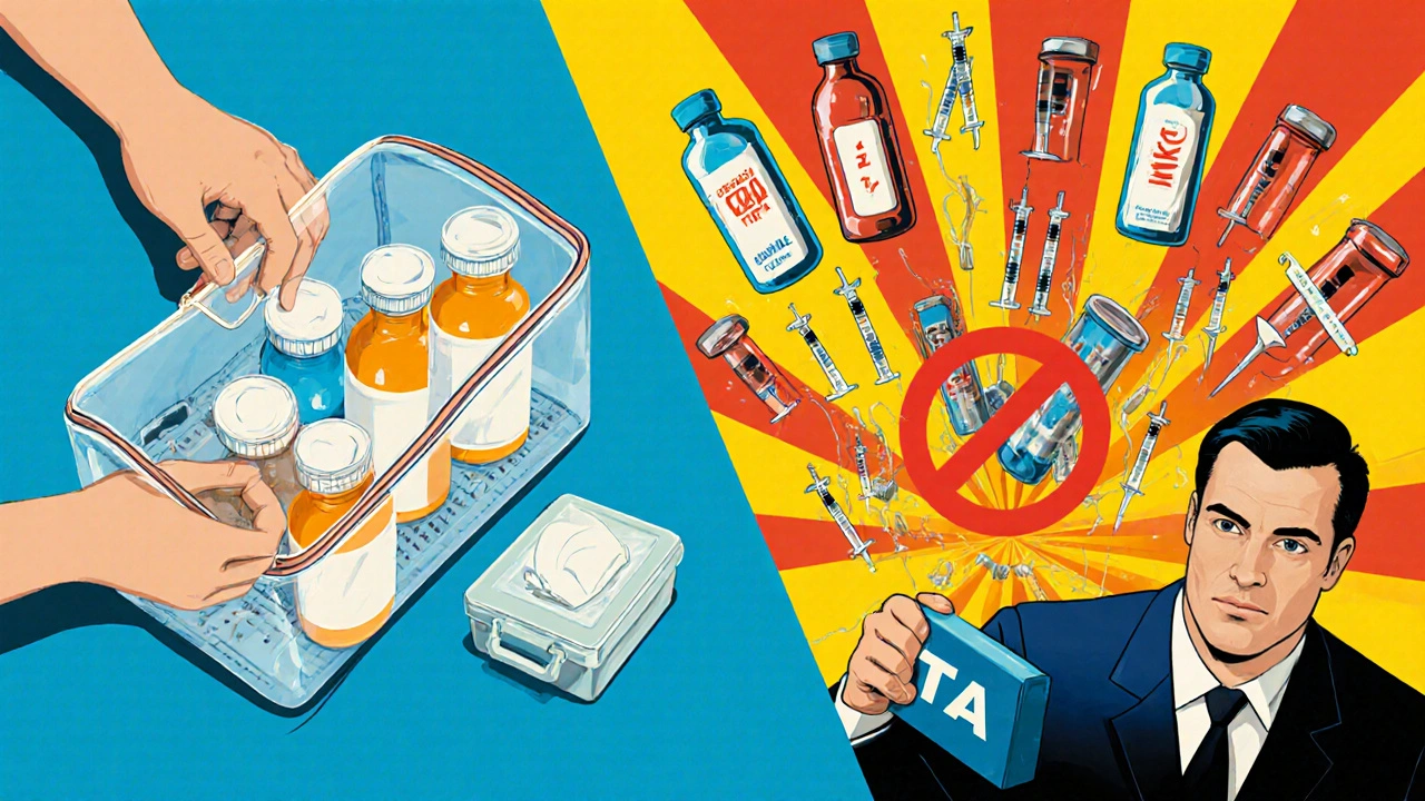 Organized medical supplies in clear bag versus chaotic improper containers, shown in stylized poster art.