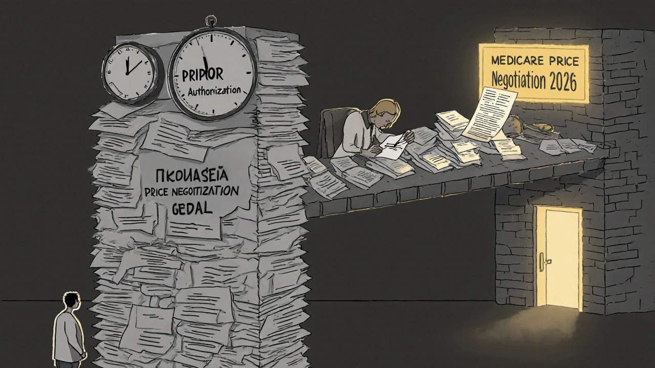 Patient facing a wall of paperwork labeled &#039;Prior Authorization&#039;, with a bridge of prescriptions leading to &#039;APPEAL&#039;.