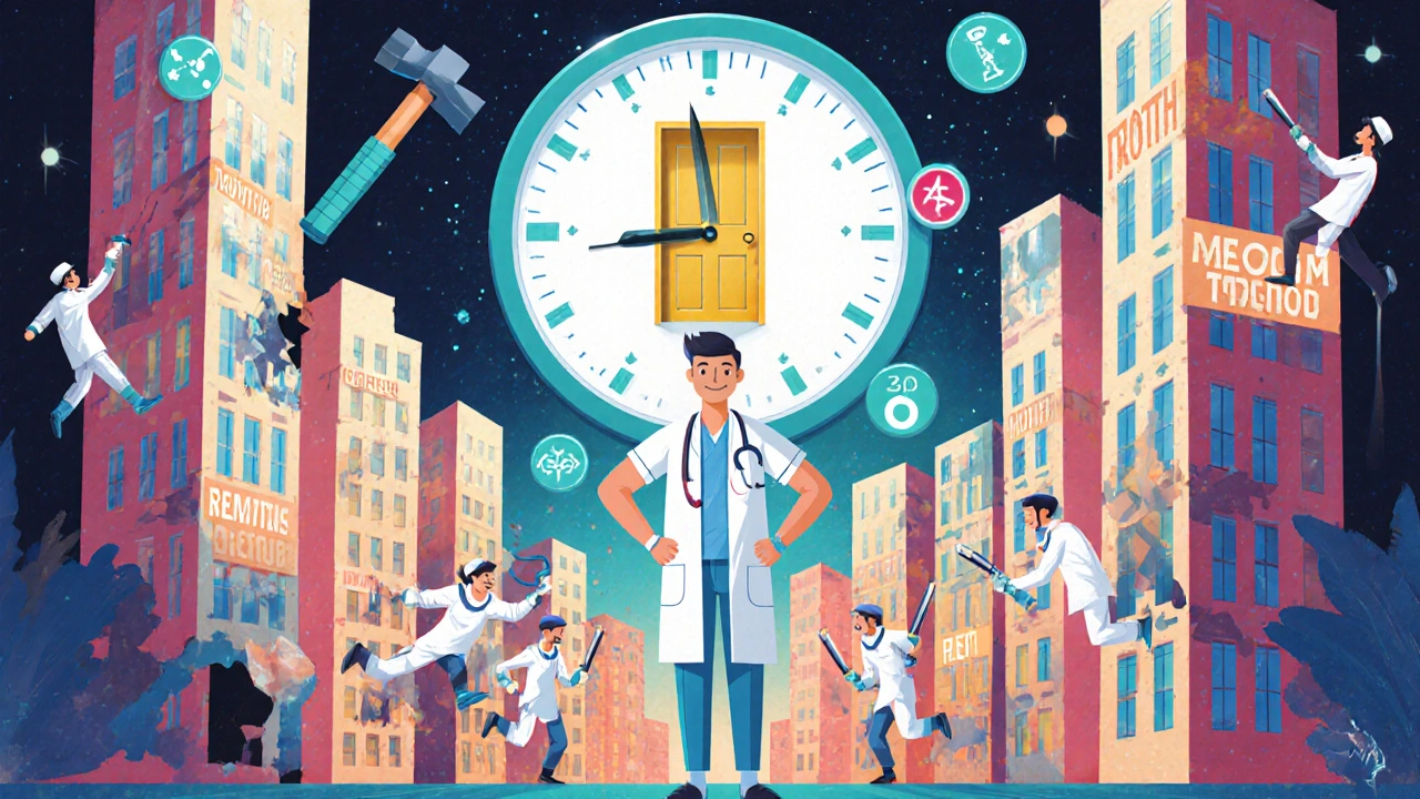 Patient repairing joint-shaped buildings with medical tools under a ticking clock in surreal poster art.