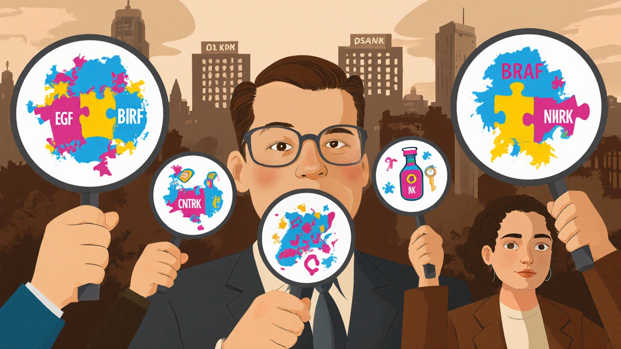 Patients using magnifying glasses to match genetic mutations with matching drug keys on glowing tumor maps.