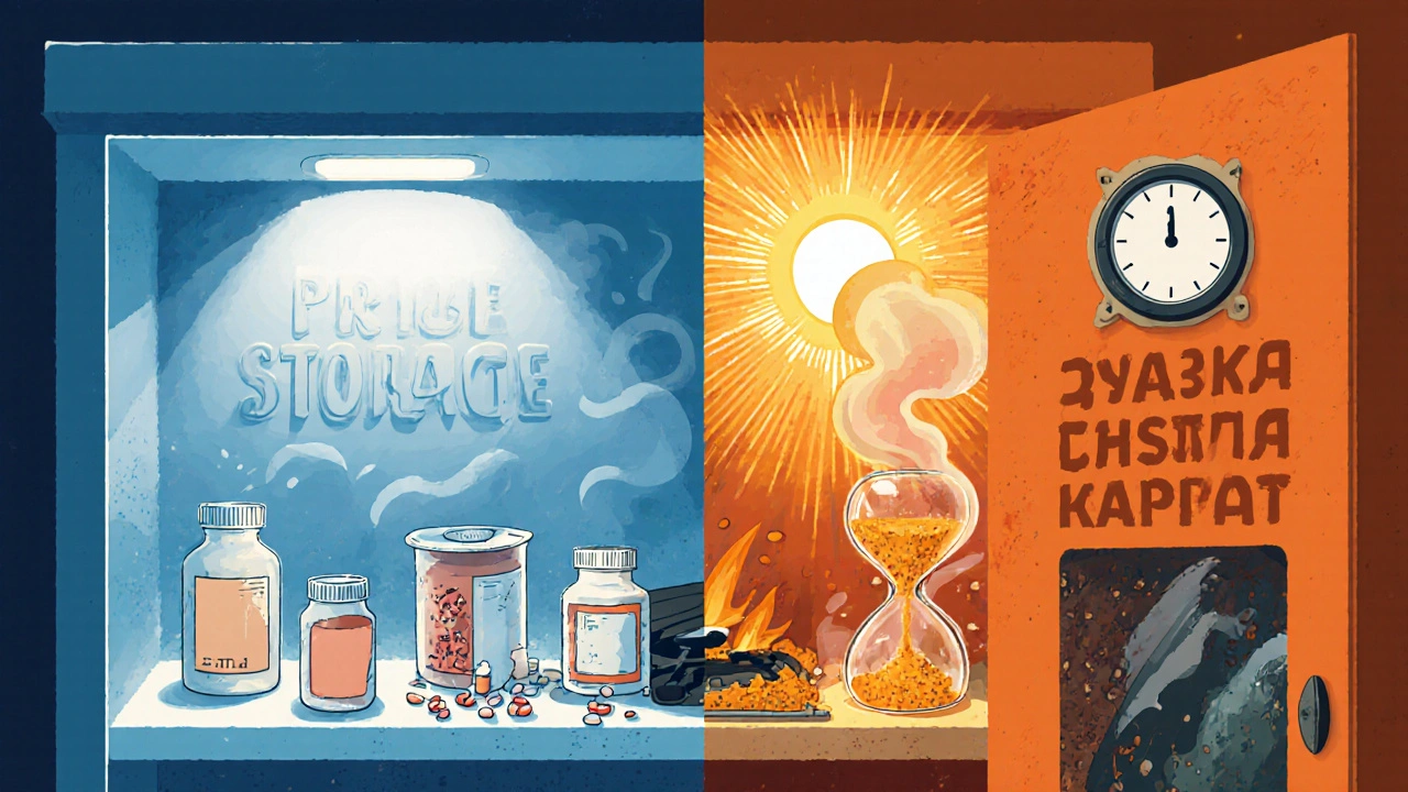 Split image: medicines stored properly on one side, degraded by heat and moisture on the other.