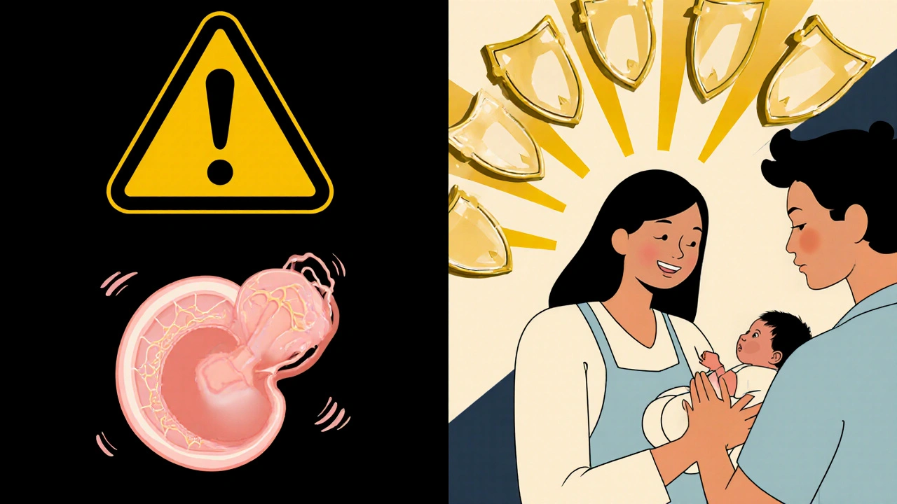 Split scene: fetal cartilage under warning symbol vs. healthy newborn surrounded by safe antibiotic shields.