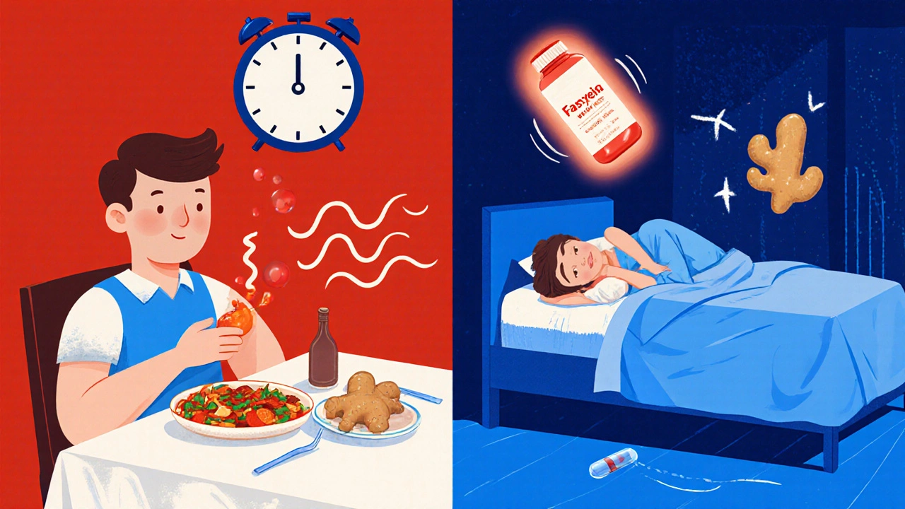 Split scene: person suffering from heartburn vs. person thriving after lifestyle changes, with pill and ginger floating.