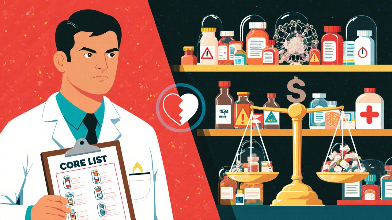 Split scene showing core essential medicines versus complex drugs in a high-contrast poster style.