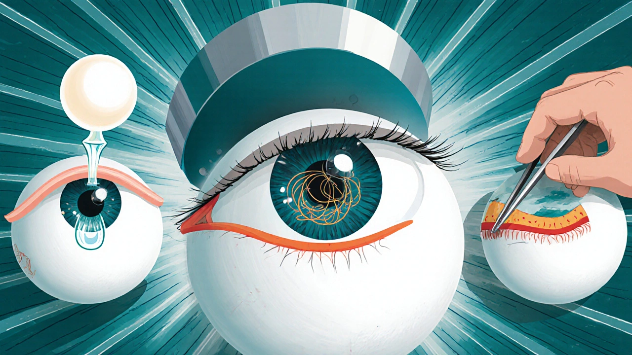 Three symbolic surgical methods for retinal detachment: gas bubble, silicone band, and vitrectomy, illustrated in abstract medical imagery.