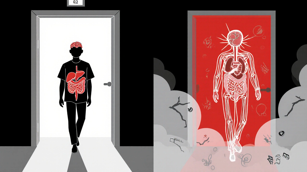 Two diverging paths after hospital discharge: one healthy, one showing organ damage and foggy isolation.