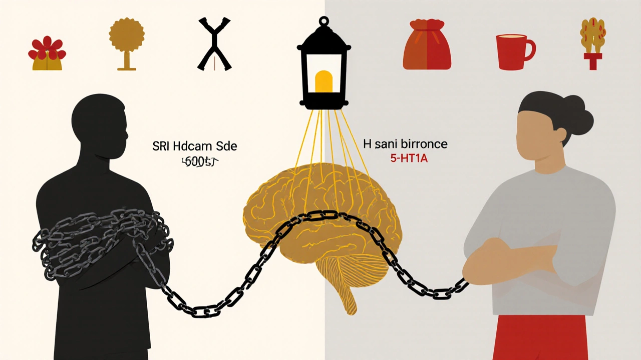 Two figures: one trapped by chains, the other free as golden threads unravel them, with a lit brain receptor above.