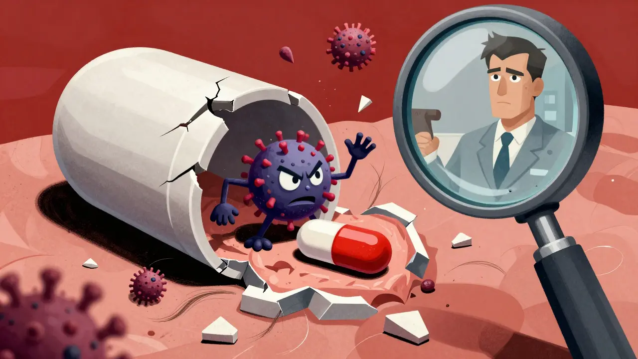 A broken pill reveals dangerous cross-contamination between drugs, watched by a looming FDA inspector.