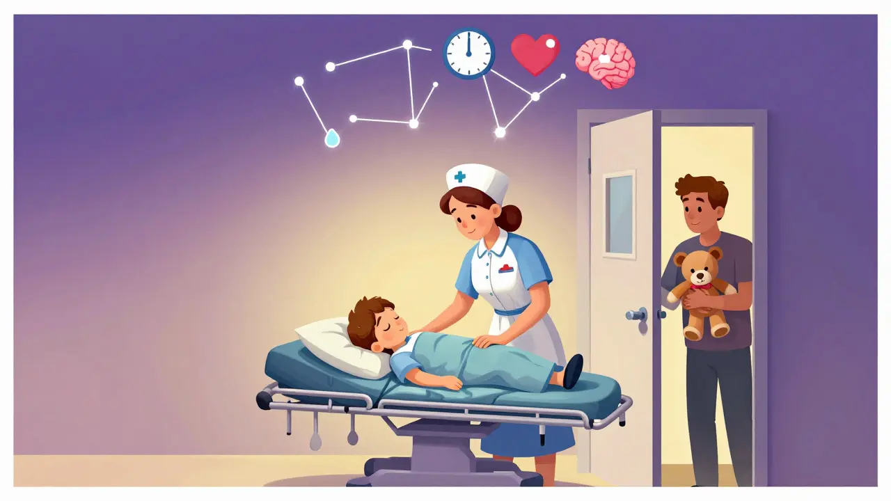 A child asleep on a gurney being carried toward surgery, parent watching with stuffed animal, surrounded by symbolic medical icons.