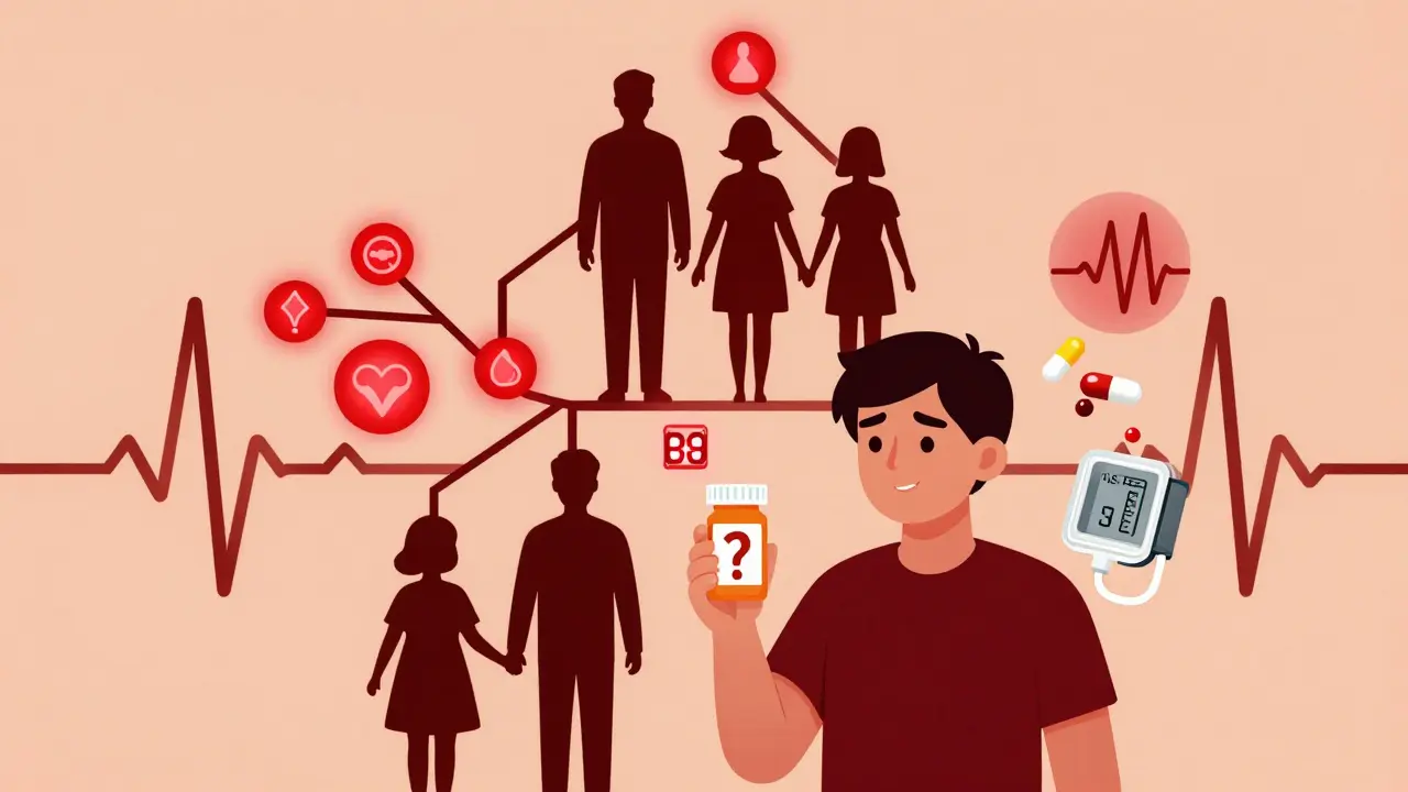 A family cardiac history tree with warning symbols, shown in stylized Polish poster art.