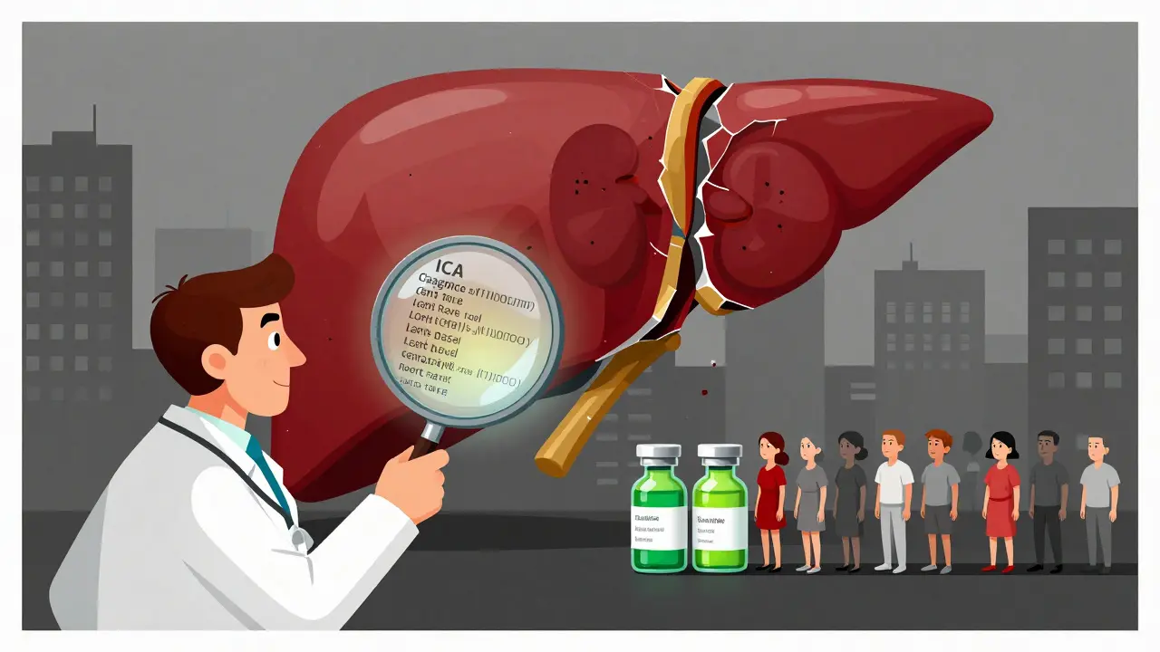 A giant fractured liver casts a shadow over struggling kidneys, with doctors checking diagnostic criteria and patients divided by treatment access.