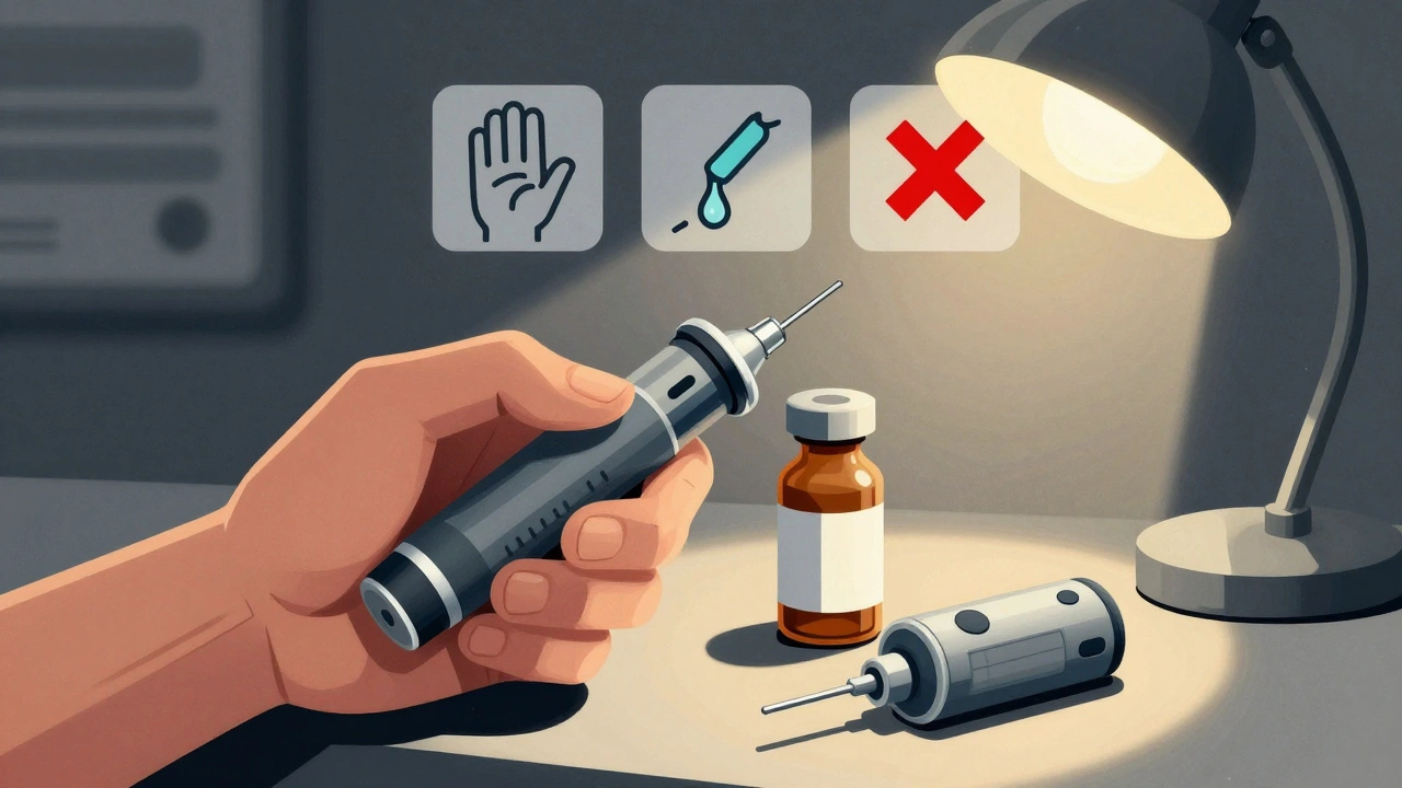 A hand struggles with a mismatched drug vial and auto-injector, surrounded by icons of failed delivery tests.