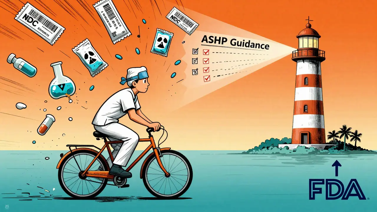 A healthcare worker rides a bike made of drug packaging through a storm of barcodes, heading toward a lighthouse labeled 'ASHP Guidance'.