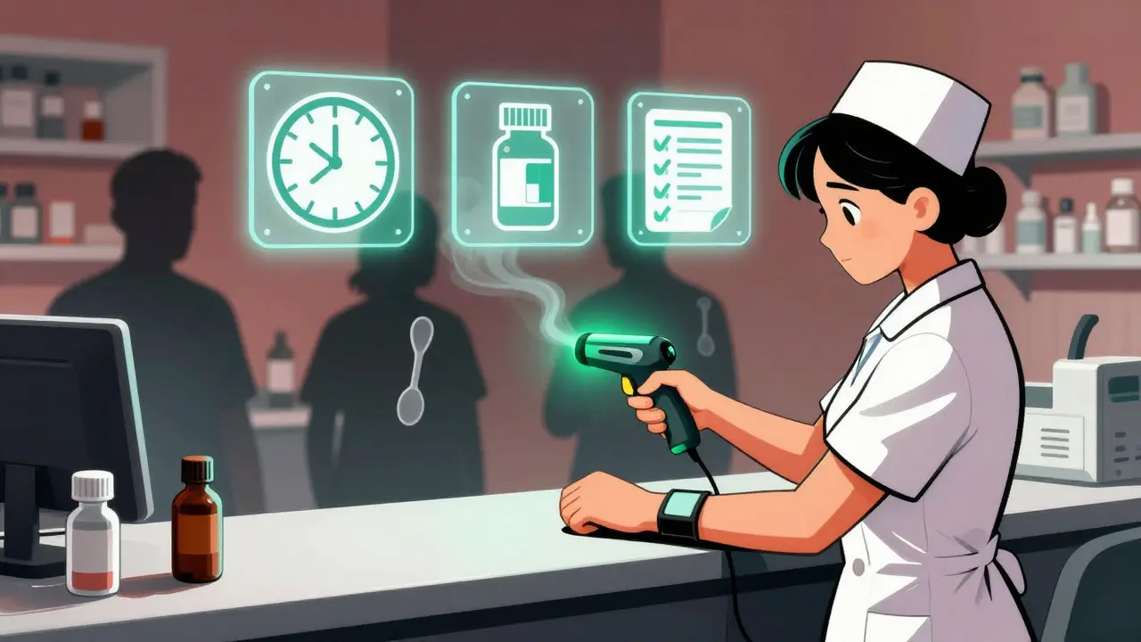 A nurse scanning a wristband as correct medication icons glow above, while incorrect practices dissolve into smoke.