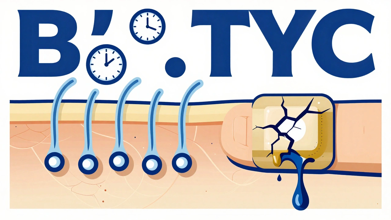 A patch on an arm releasing drug molecules evenly, contrasted with a leaking generic version.