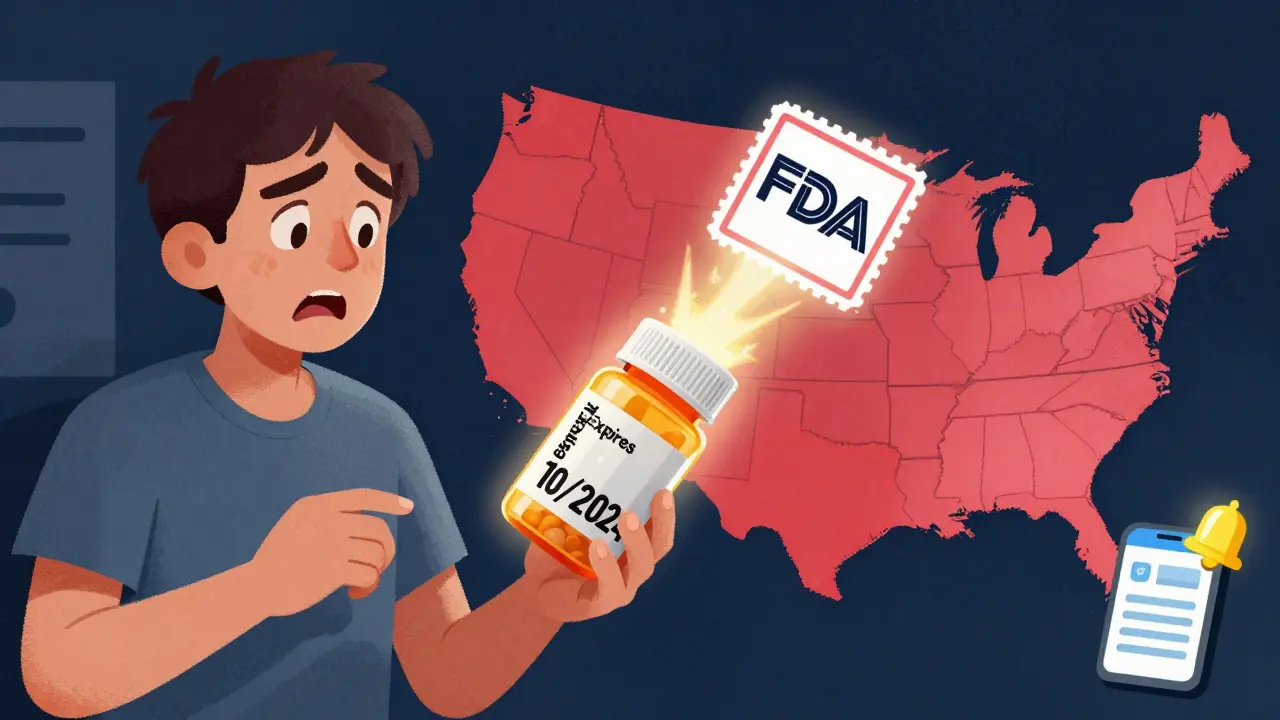A patient's pill bottle expiration date is magically extended by an FDA stamp, with U.S. shortage zones glowing behind.