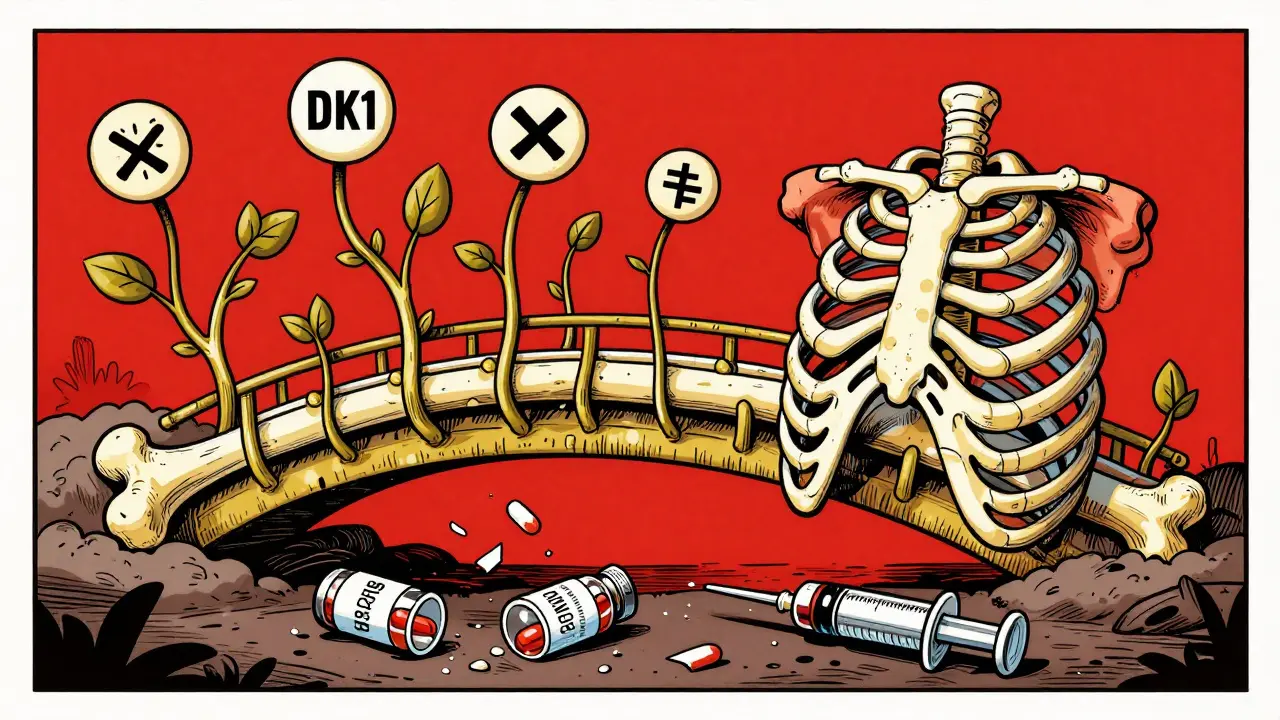 A patient's ribcage transforming into a healing bone bridge with drug symbols above, in Polish poster art style.