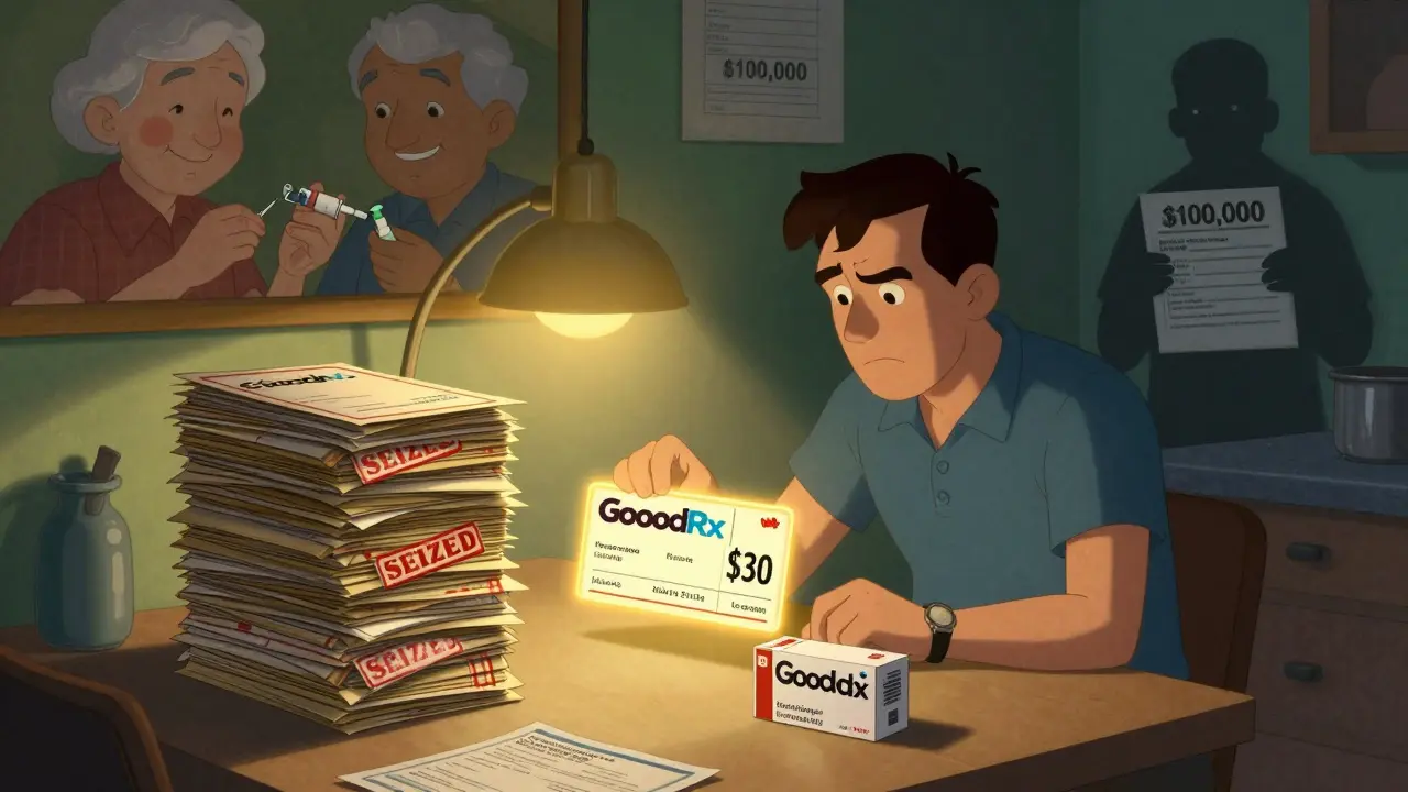 A patient comparing risky international mail with affordable U.S. alternatives, illuminated by a warm lamp, while a fine notice fades into darkness.