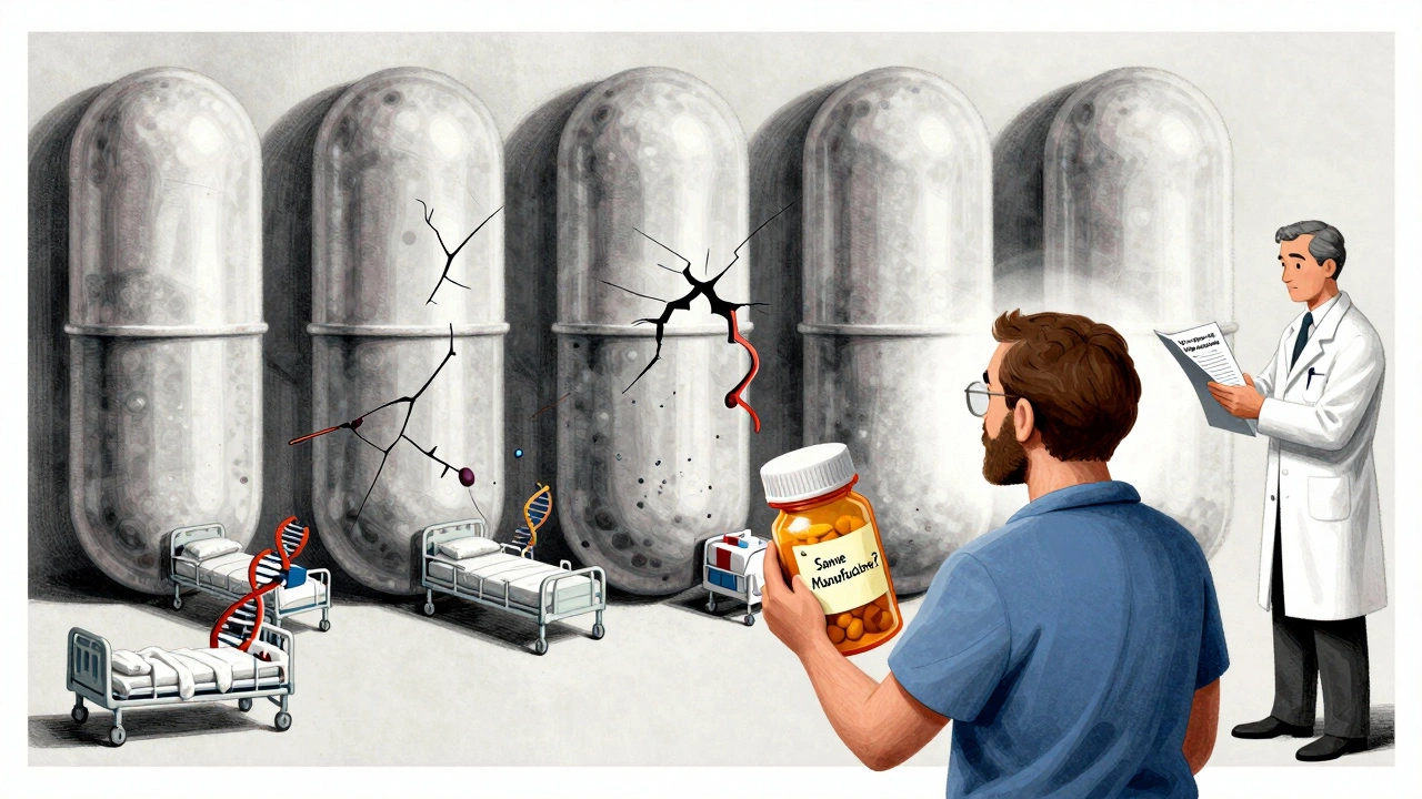 A patient questioning pill consistency, surrounded by hidden dangers in generic medications, depicted with symbolic cracks and medical charts.
