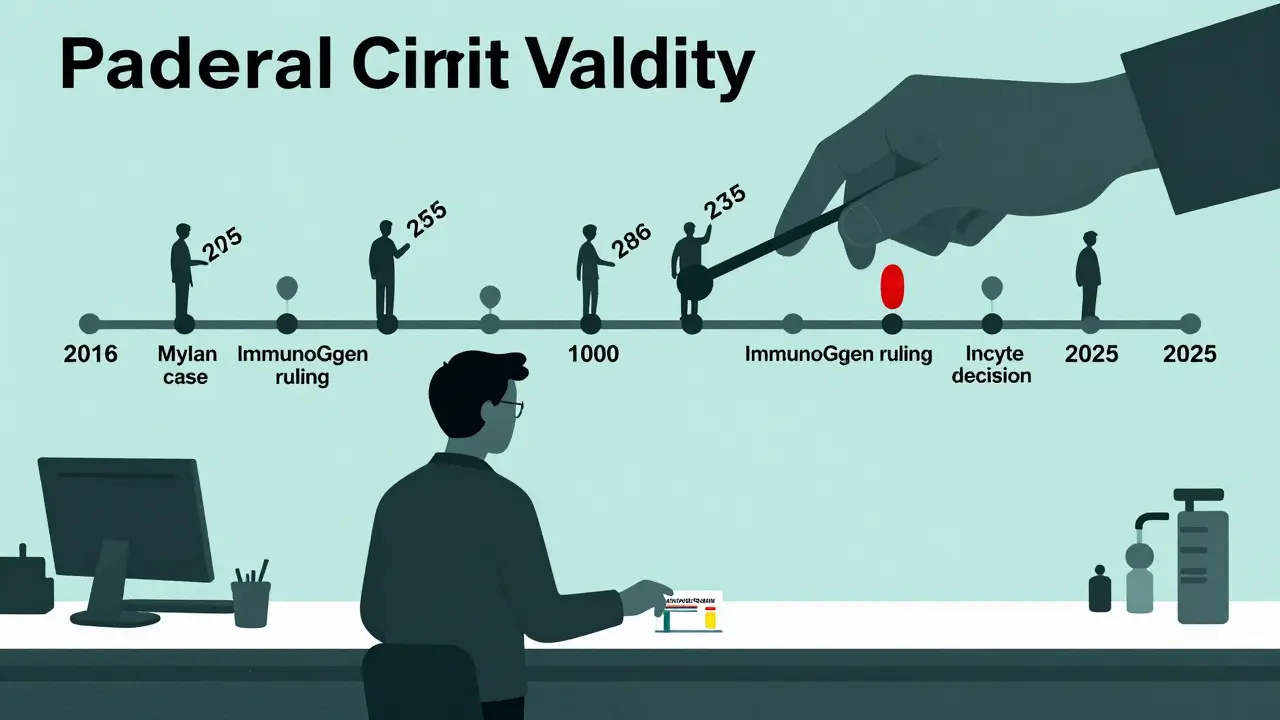 A patient reaches for a generic drug as a shadowy hand pulls a patent lever, with legal milestones stretching behind in a timeline.