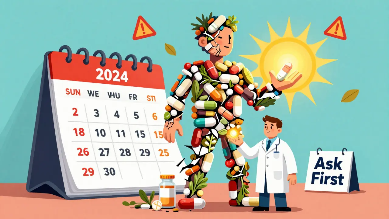 A person made of pills cracking apart as a pharmacist offers a single safe tablet, with FDA 2025 logo in background.