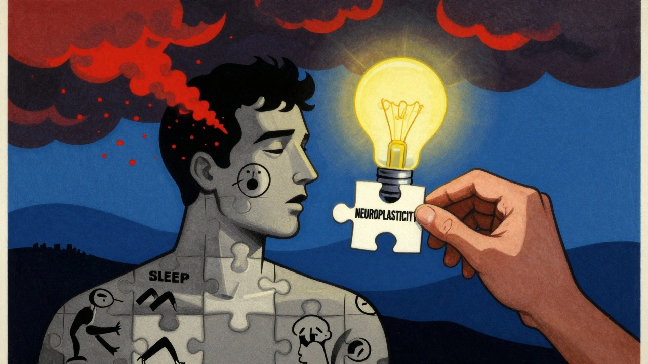 A person made of puzzle pieces being healed by a lightbulb labeled neuroplasticity.