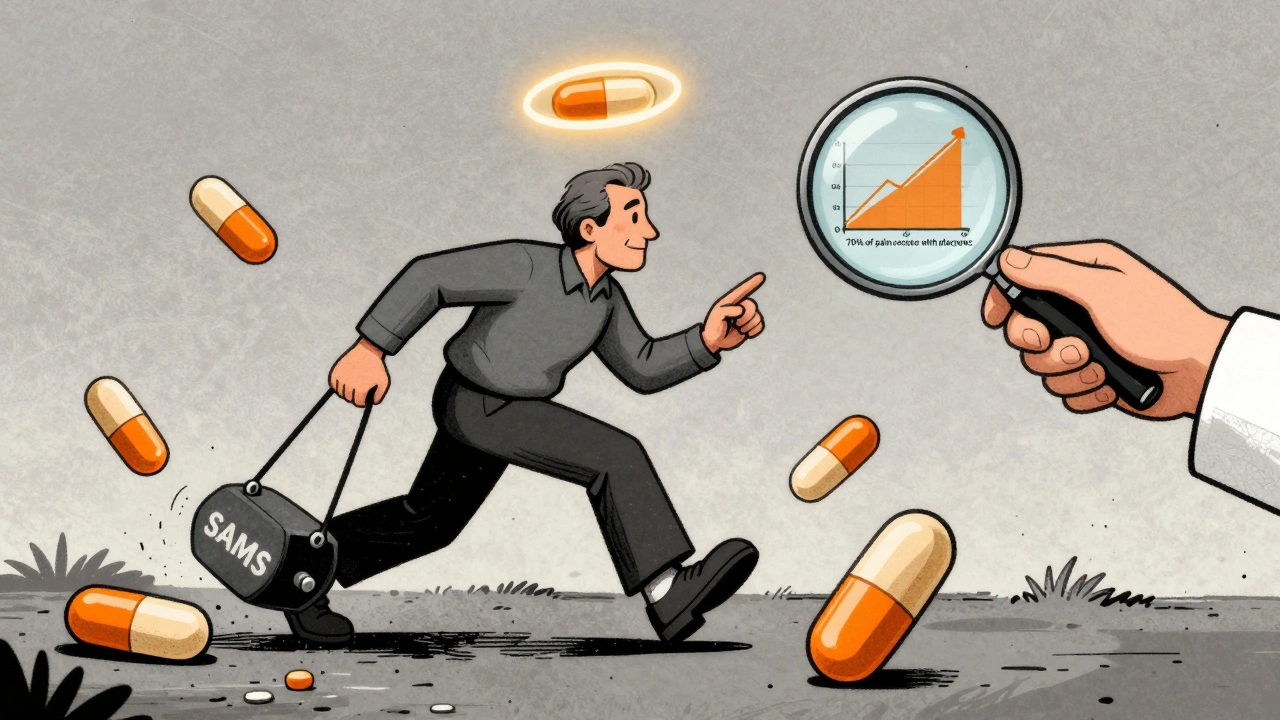 A person struggling with heavy legs while a placebo pill floats above, illustrating statin-related muscle pain isn&#039;t always drug-induced.