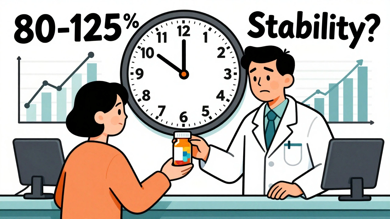 A pharmacy counter scene with a changing pill bottle and a clock showing rising health risks over time.
