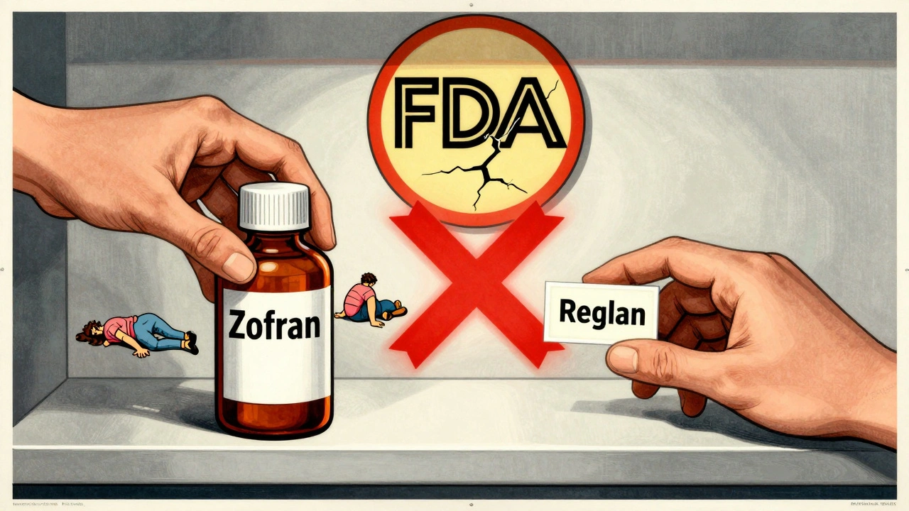 A pharmacy shelf with safe and dangerous drugs separated by a red X, showing medical warning in poster art style.