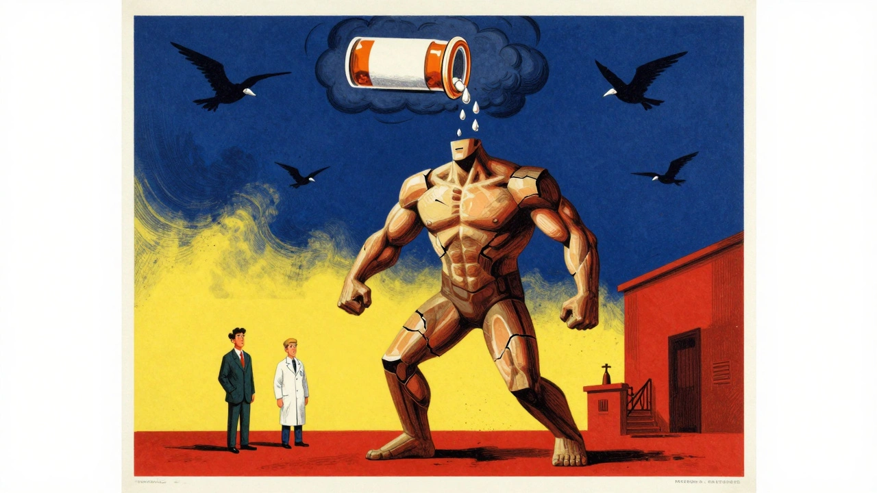 A rigid human figure under a storm of medication, symbolizing NMS risk in expressive cartoon illustration.