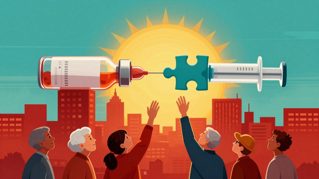 A rising sun unites generic drug and device as diverse patients reach toward them, in symbolic Polish poster art.