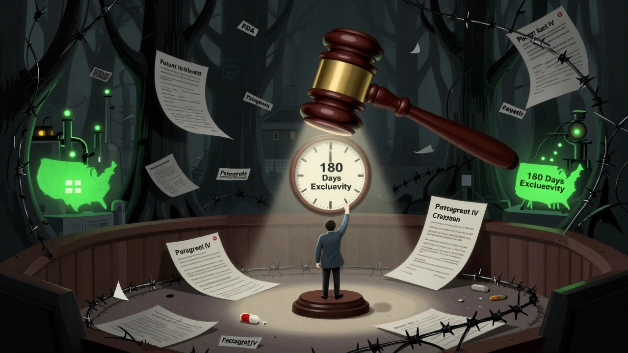 A tiny generic applicant faces a patent thicket forest in a courtroom, with an FDA gavel and clock marking 180-day exclusivity.
