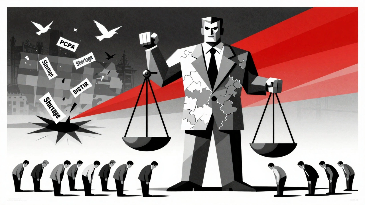 Abstract guardian figure representing Canada&#039;s drug price negotiator balancing generic drug costs against a chaotic U.S. market.