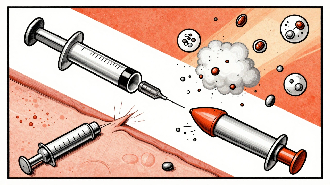 An auto-injector delivering nanoparticles correctly, while a faulty version releases unevenly like a misfired rocket.