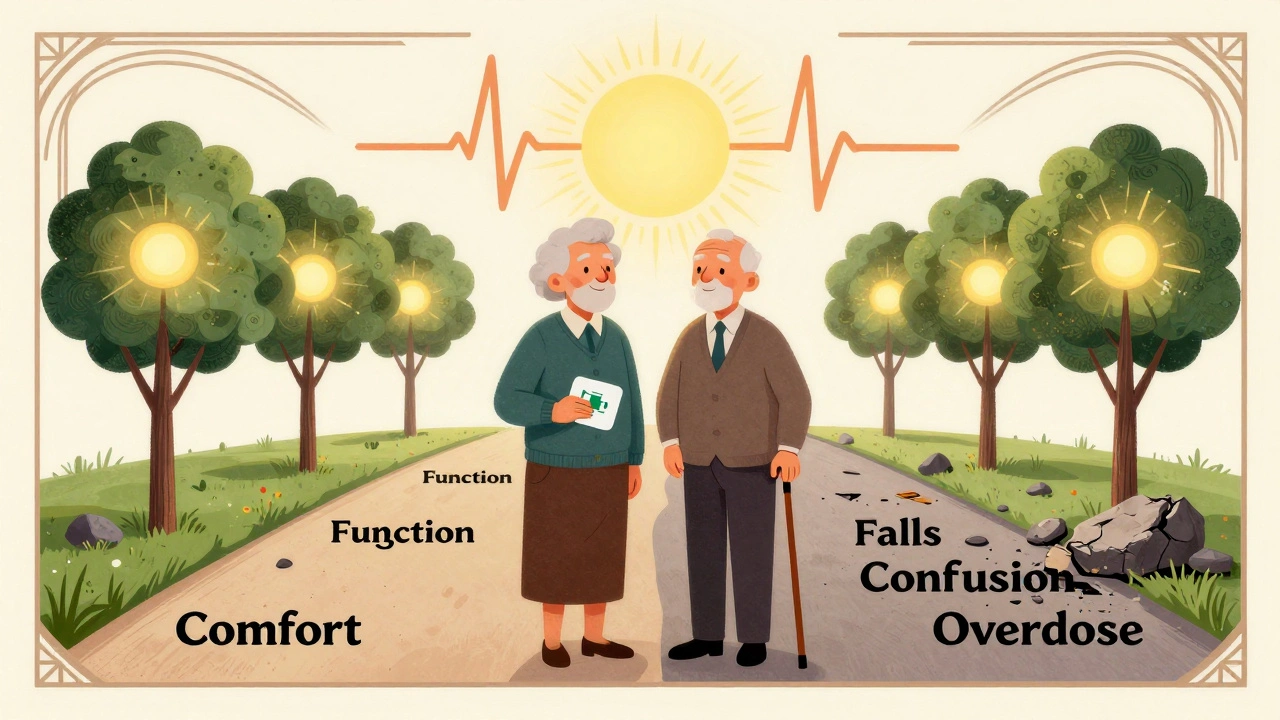 An elderly couple on a path splitting into comfort vs. risk, with a heartbeat-shaped sun above them.