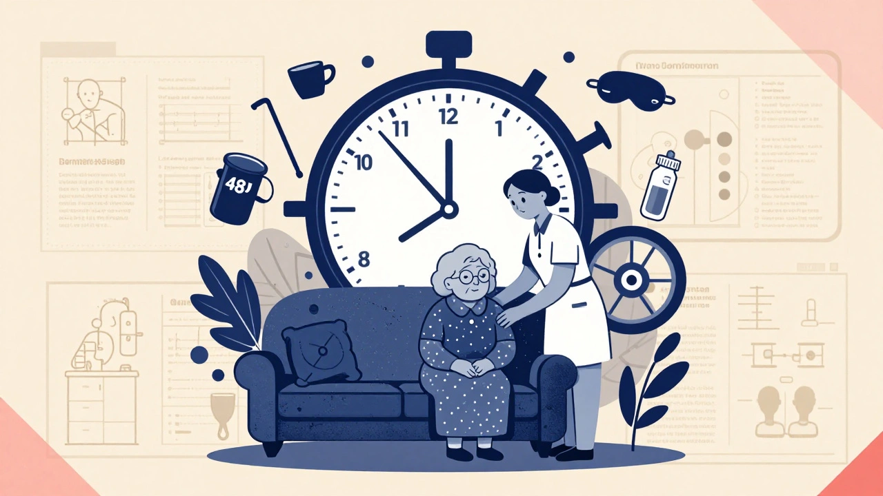 An elderly woman with a nurse, surrounded by time symbols and medical icons in a cozy home setting.