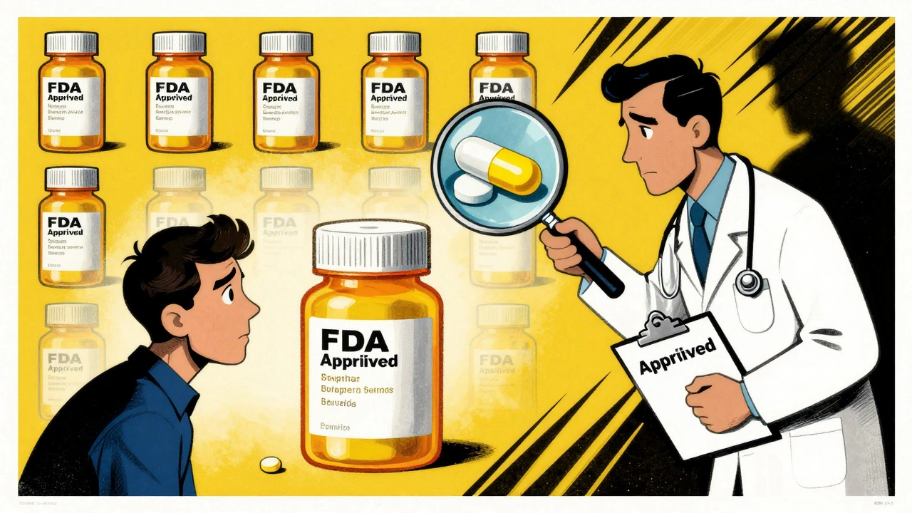 Anxious person examining unfamiliar pill under magnifying glass, revealing same active ingredient as before.