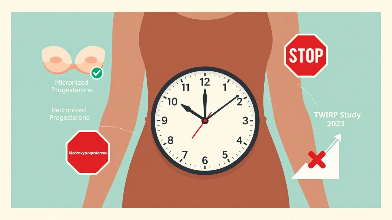 Clock on abdomen showing hormone therapy timing and safety choices by age