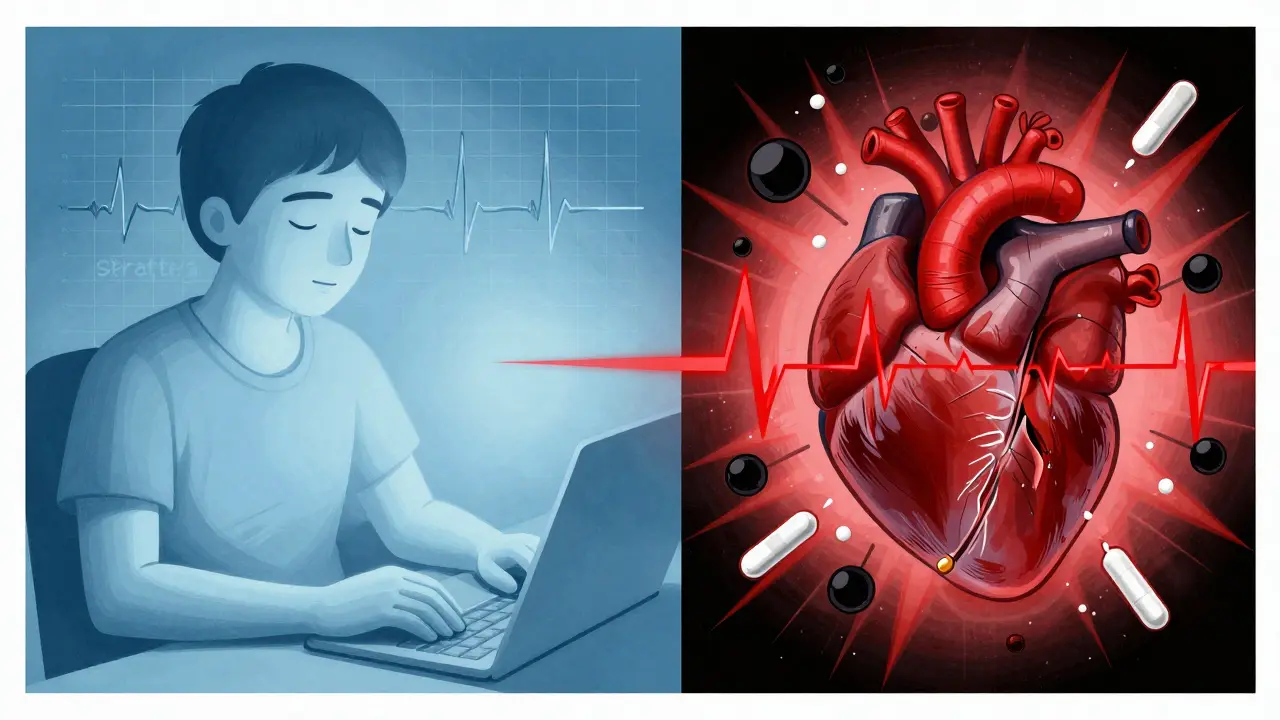 Contrasting calm and chaotic heart scenarios: safe medication vs. illicit drugs in bold graphic style.