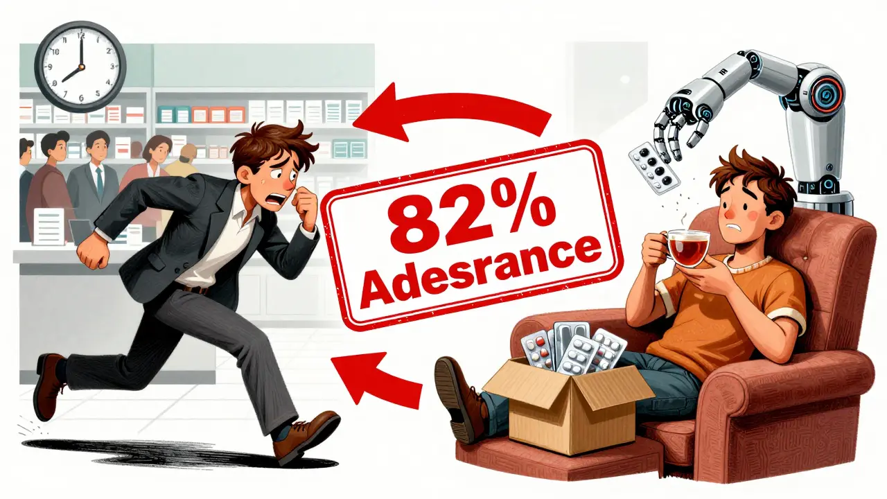 Contrasting scenes of pharmacy stress vs. calm home delivery with a high adherence rate displayed.